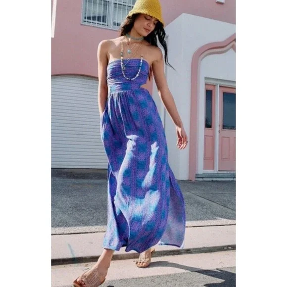 NWT Free People Women Payton Maxi Dress Strapless Blue Pink Printed Dress Sz L - Picture 1 of 11